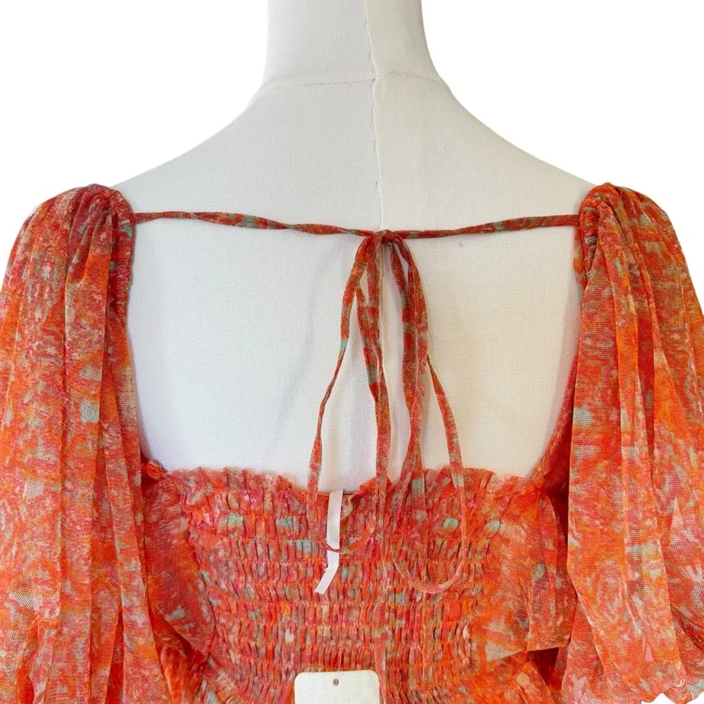 NWT Free People Babydoll Penelope Blouse Women S Peach Floral Short Sleeves Crop